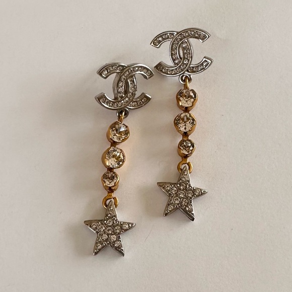 Authentic CHANEL Crystal Star Drop CC Luxury Jewelery Earrings Silver Gold - Picture 2 of 7